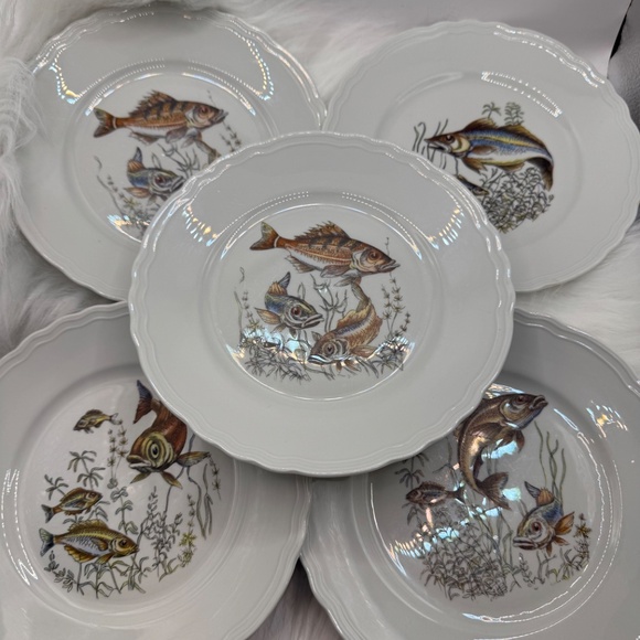 Set of 5 Italian R Porcellana 7.5" salad plates. Fish themed MCM dinnerware EUC - Picture 5 of 10